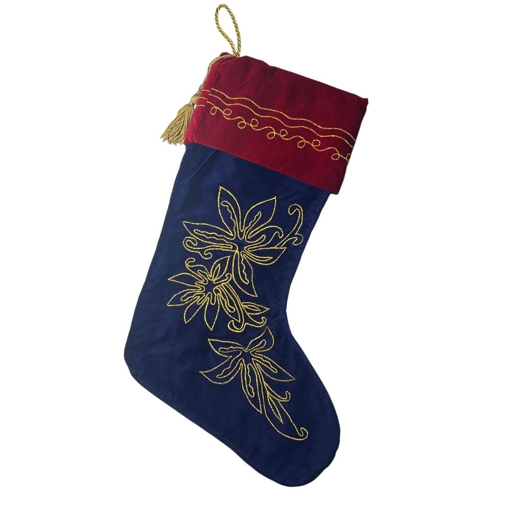 Embroidered Christmas Stocking Navy Blue Maroon Velvet Gold Tassel 18 Inches